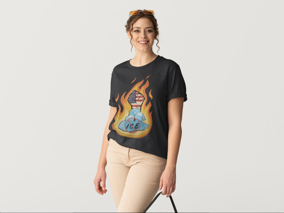 /Defund ICE Short Sleeve T-Shirt With Flames5